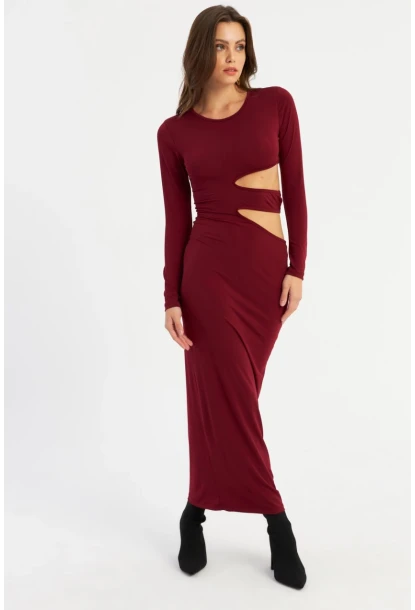 Kadın Bordo Dekolteli Maxi Elbise LİK9