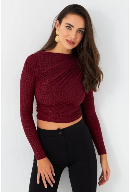 Kadın Bordo Desenli Büzgülü Bluz LPP1279