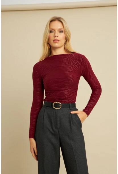 Kadın Bordo Desenli Büzgülü Bluz LPP1298