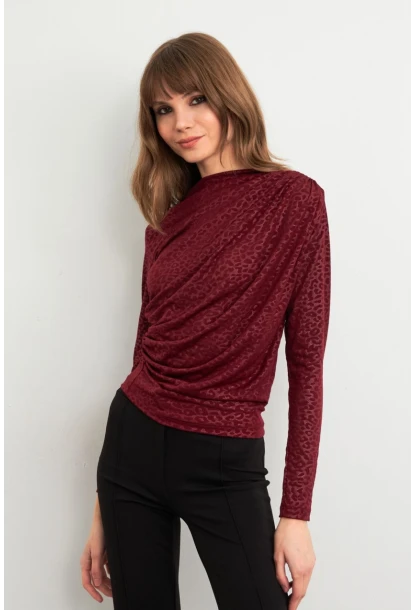 Kadın Bordo Desenli Büzgülü Bluz LPP1299