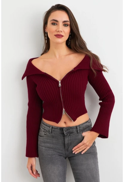 Kadın Bordo Devrik Yaka Kısa Hırka TEM103