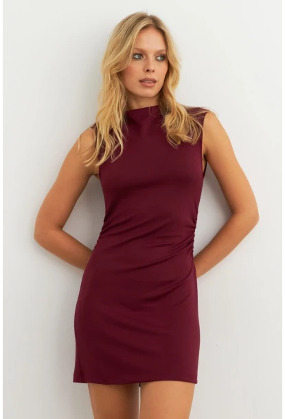Kadın Bordo Drapeli Mini Elbise SE6