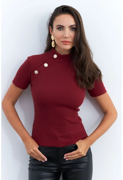 Kadın Bordo Düğme Aksesuarlı Kaşkorse Bluz EY2560