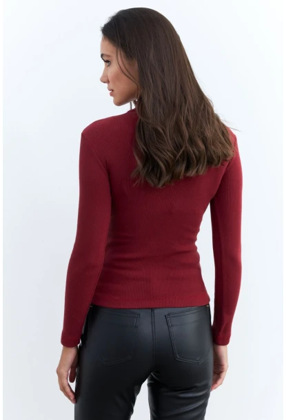 Kadın Bordo Düğme Aksesuarlı Kaşkorse Bluz EY2579