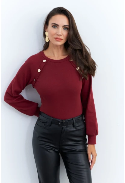 Kadın Bordo Düğme Aksesuarlı Kaşkorse Bluz EY2946