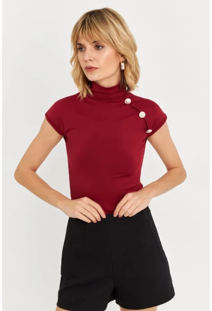 Kadın Bordo Düğme Detaylı Bluz EY3027