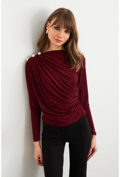 Kadın Bordo Düğme Detaylı Büzgülü Bluz LPP1223-1