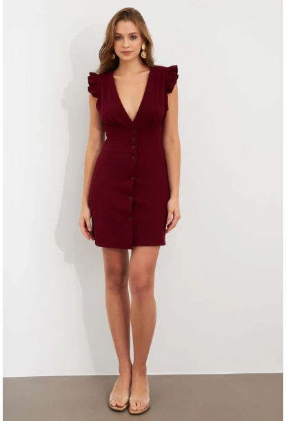 Kadın Bordo Düğme Detaylı Mini Elbise DAF5033