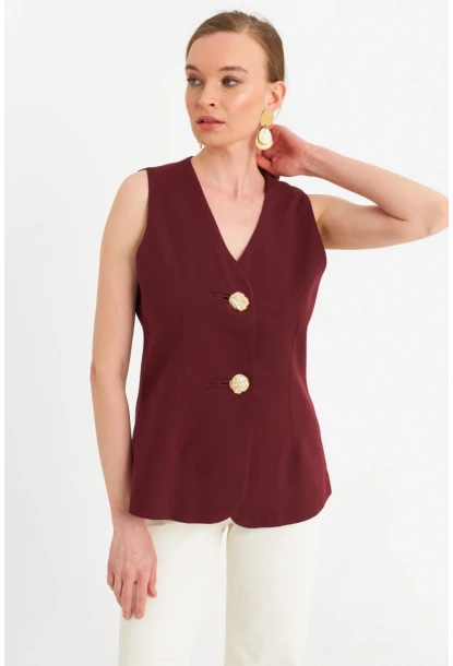 Kadın Bordo Düğme Detaylı Yelek CAR1152