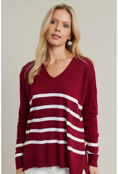 Kadın Bordo-Ekru V Yaka Çizgili Triko Kazak MYİL550