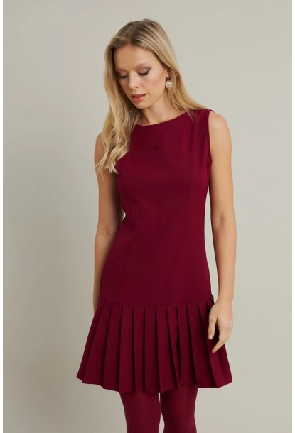 Kadın Bordo Etegi Pileli Mini Elbise FRY2265