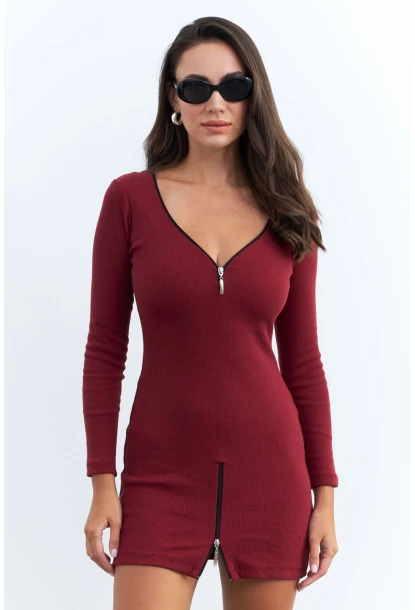 Kadın Bordo Fermuarlı Kaşkorse Mini Elbise EY2530