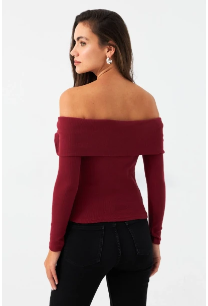 Kadın Bordo Fermuarlı Madonna Yaka Bluz EY2559