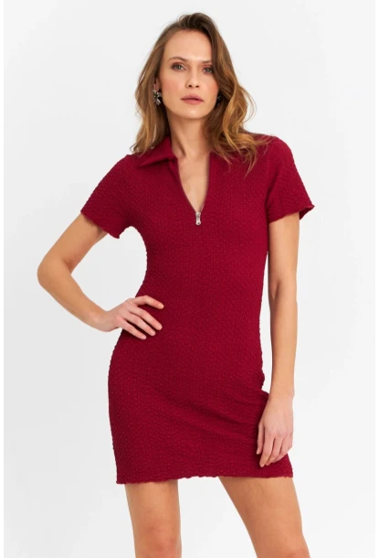 Kadın Bordo Fermuarlı Mini Elbise MOD2441