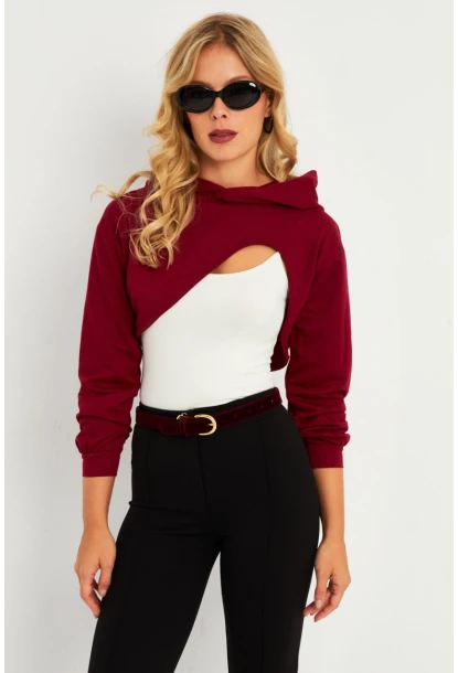Kadın Bordo Kapüşonlu Crop Sweatshirt  TF03