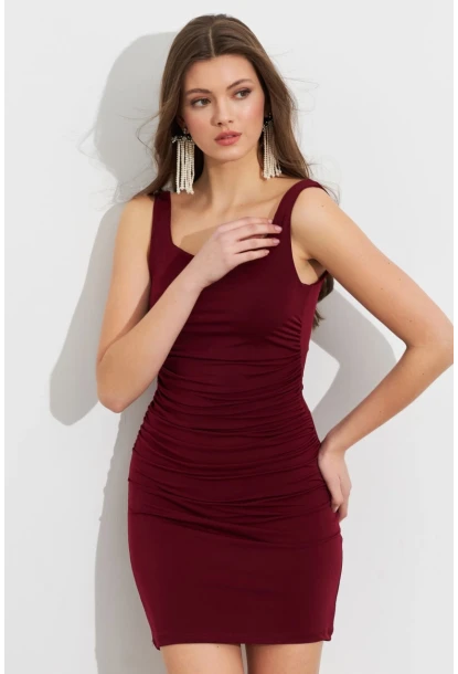 Kadın Bordo Kare Yaka Büzgülü Mini Elbise FRY2308