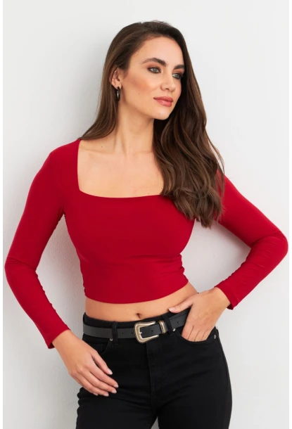 Kadın Bordo Kare Yaka Crop Bluz ELT2586