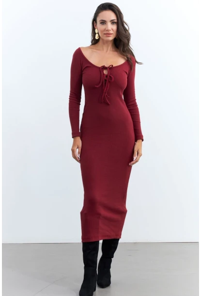 Kadın Bordo Kaşkorse Maxi Elbise EY1513
