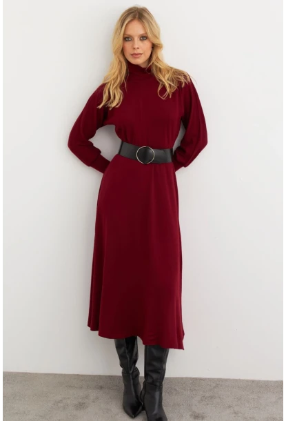 Kadın Bordo Kemerli Balıkçı Yaka Elbise MKSD992