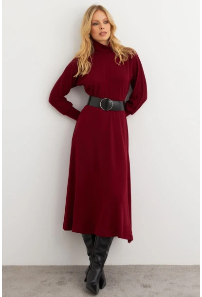 Kadın Bordo Kemerli Balıkçı Yaka Elbise MKSD992