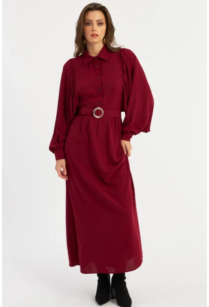 Kadın Bordo Kemerli Maxi Elbise MASF15