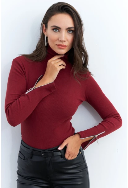 Kadın Bordo Kolları Fermuarlı Kaşkorse Balıkçı Bluz EY2567