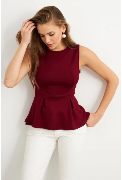 Kadın Bordo Kolsuz Peplum Bluz FLU7257