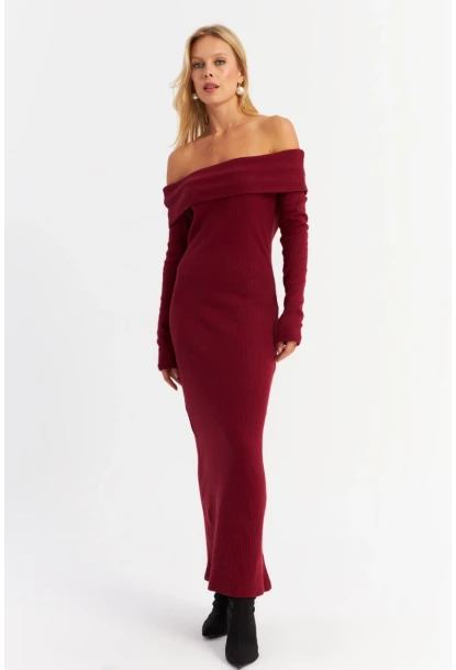Kadın Bordo Madonna Yaka Kaşkorse Maxi Elbise HOL1