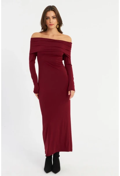 Kadın Bordo Madonna Yaka Maxi Elbise LİK10