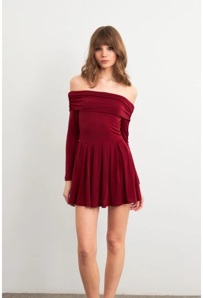 Kadın Bordo Madonna Yaka Midi Elbise MON1262