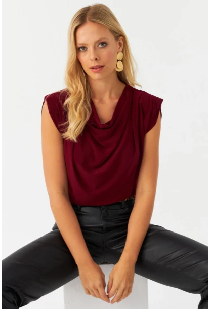 Kadın Bordo Omuzları Vatkalı Degaje Bluz ELT3234
