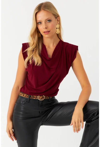 Kadın Bordo Omuzları Vatkalı Degaje Bluz ELT3234