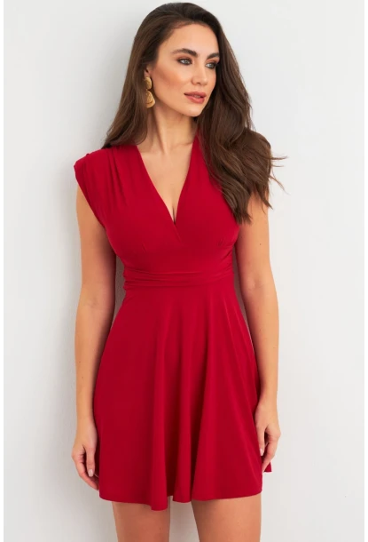 Kadın Bordo Omuzları Vatkalı Kruvaze Mini Elbise ELT3678