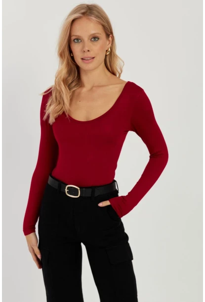 Kadın Bordo Ön Arka U Yaka Bluz LPP1265