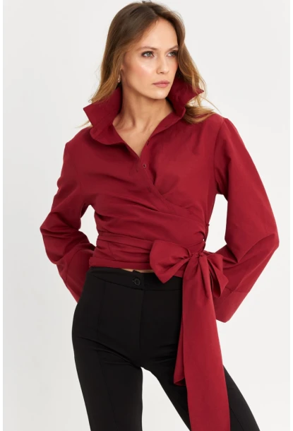 Kadın Bordo Önü Bağlamalı İspanyol Kol Gömlek MON142