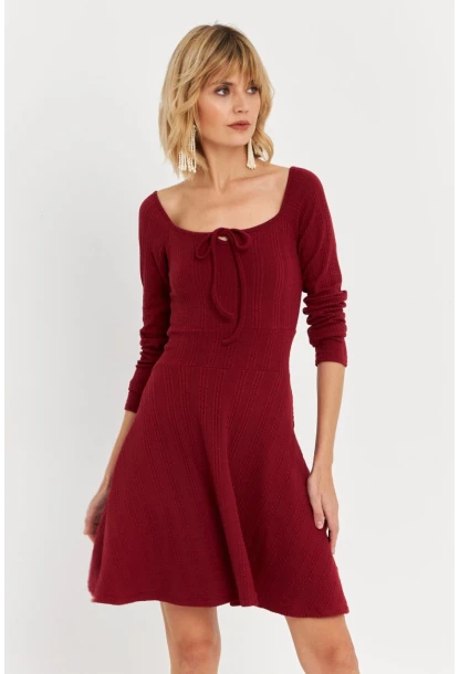 Kadın Bordo Önü Bağlamalı Mini Elbise TF59