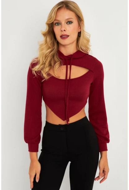 Kadın Bordo Pencereli Kapüşonlu Crop Bluz TF08