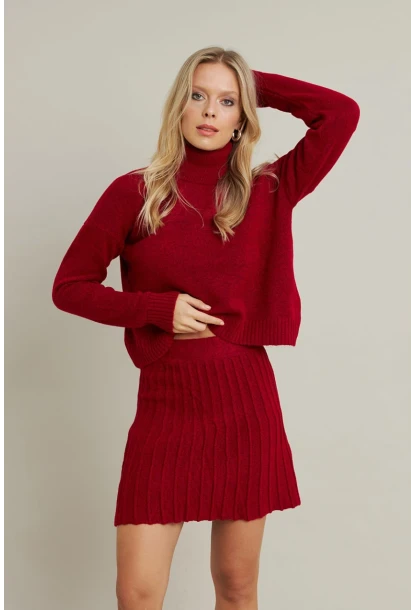 Kadın Bordo Pileli Etekli Alt Üst Takım ELT12001