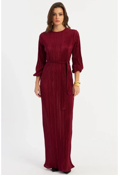 Kadın Bordo Pilise Maxi Elbise GÇ192