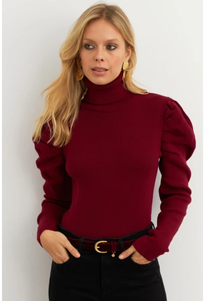 Kadın Bordo Prenses Kol Balıkçı Yaka Triko Bluz SF2555