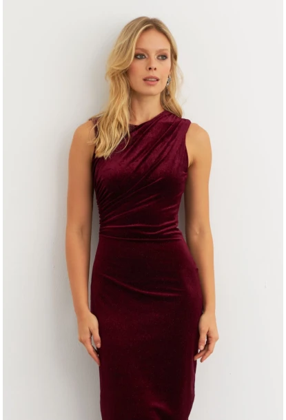 Kadın Bordo Simli Drapeli Maxi Elbise KED4481