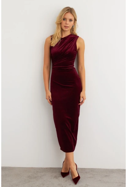 Kadın Bordo Simli Drapeli Maxi Elbise KED4481