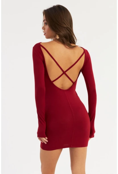 Kadın Bordo Sırt Dekolteli Mini Elbise HOR36