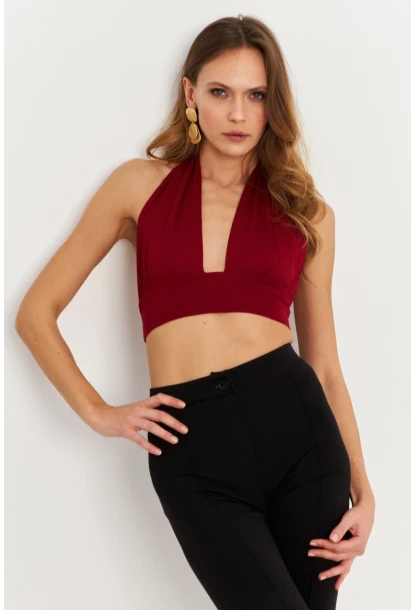 Kadın Bordo Sırt Ve Boyun Bağlamalı Bluz EY1472