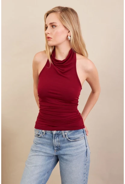 Kadın Bordo Sırtı Açık Drapeli Bluz FRY2314