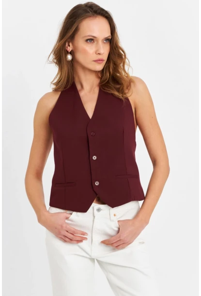 Kadın Bordo Sırtı Açık Yelek CAR1143