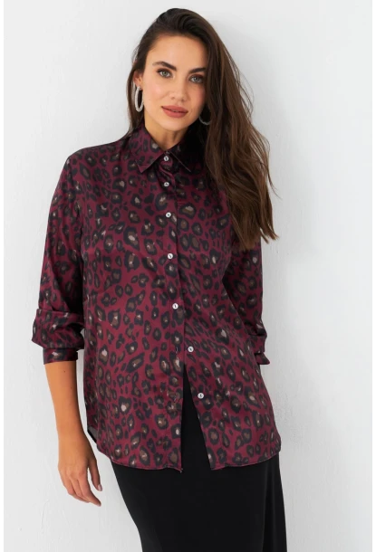 Kadın Bordo-Siyah Leopar Desenli Saten Gömlek MRAD5901-1