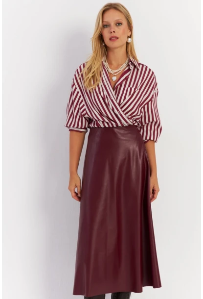 Kadın Bordo Suni Deri Çan Etek ELA113