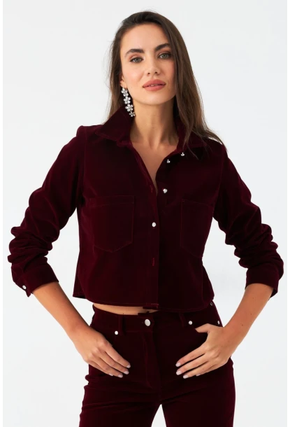 Kadın Bordo Taş Düğmeli Kadife Gömlek Ceket CAR1075