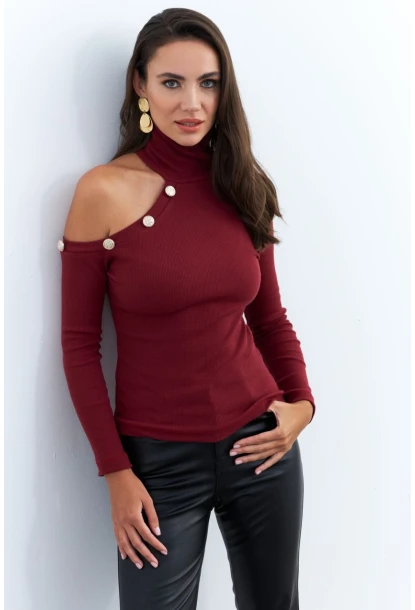 Kadın Bordo Tek Omuz Açık Kaşkorse Balıkçı Bluz EY2947